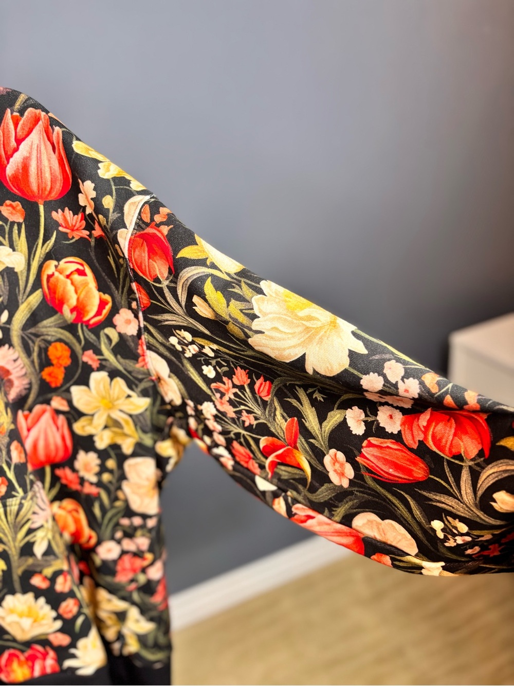 Men’s Print Black DESIGNER HOODIE with Red & Cream Blooms. Made in Auckland - Picture 2 of 8